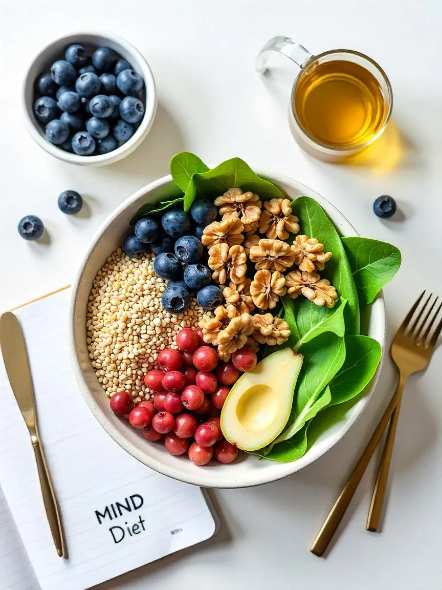 Brain-boosting foods like berries, greens, nuts, and grains arranged next to a sign labeled “MIND Diet” on a clean, wellness-style background.