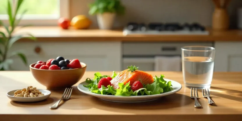 Photorealistic top view of MIND diet foods including leafy greens, salmon, berries, nuts, and olive oil on a rustic wooden table