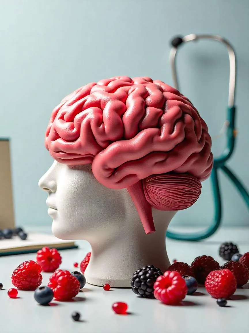 Brain model surrounded by MIND diet foods and scientific research elements like a notebook and stethoscope