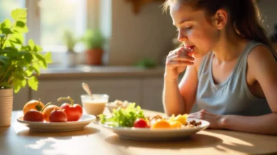 Person mindfully enjoying a healthy meal at a peaceful, sunlit table with colorful fruits and vegetables.