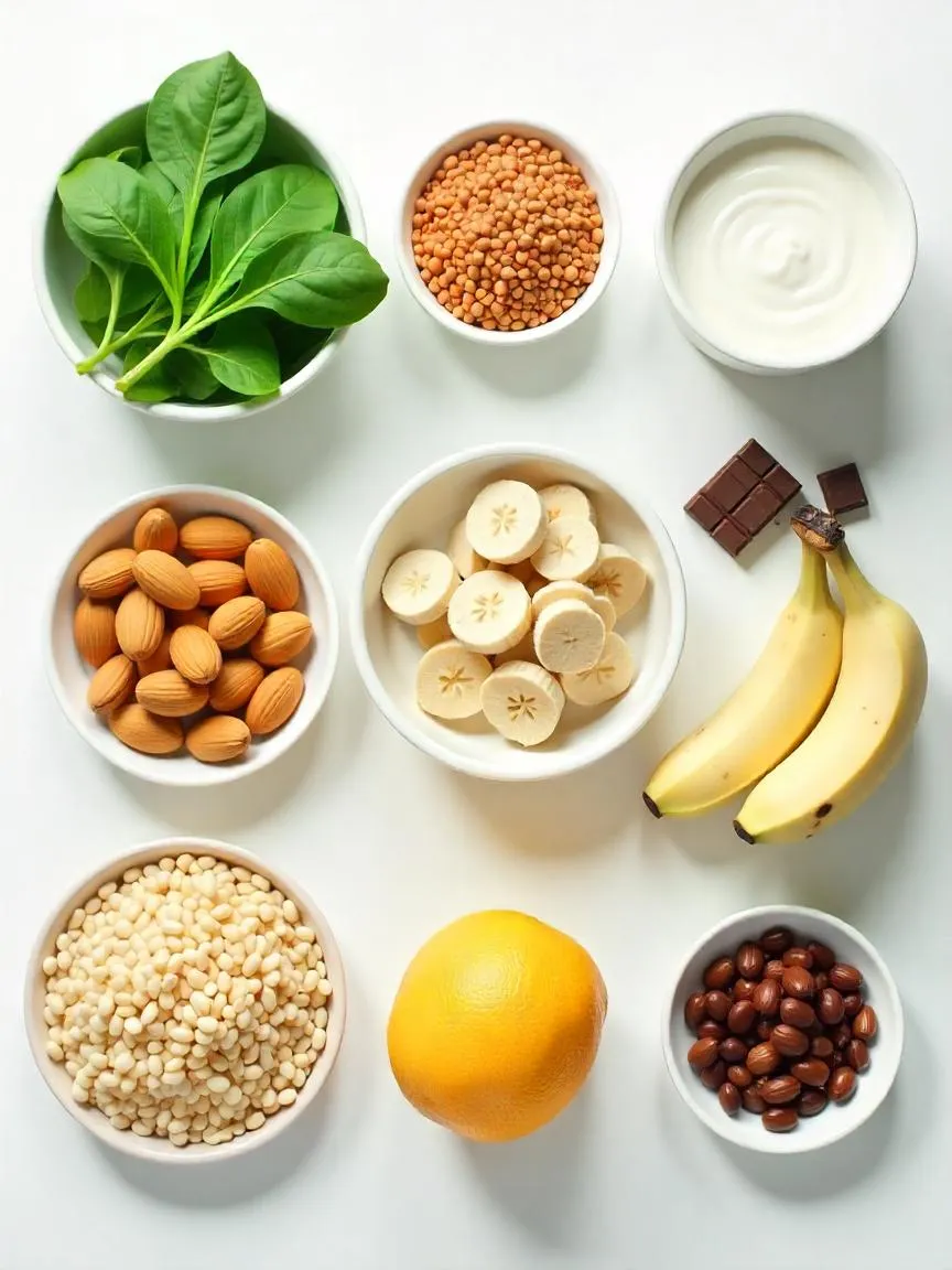 Mineral-rich foods including leafy greens, bananas, yogurt, lentils, nuts, and whole grains arranged on a light background.