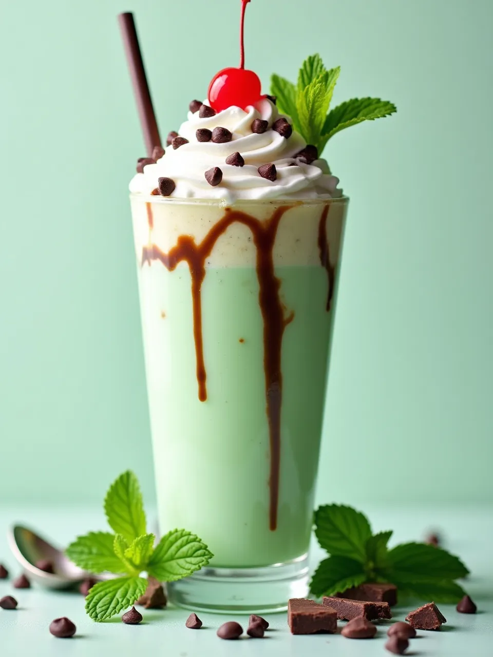 Mint chocolate chip milkshake in a tall glass topped with whipped cream, chocolate chips, and a cherry, with mint leaves and chocolate pieces nearby.