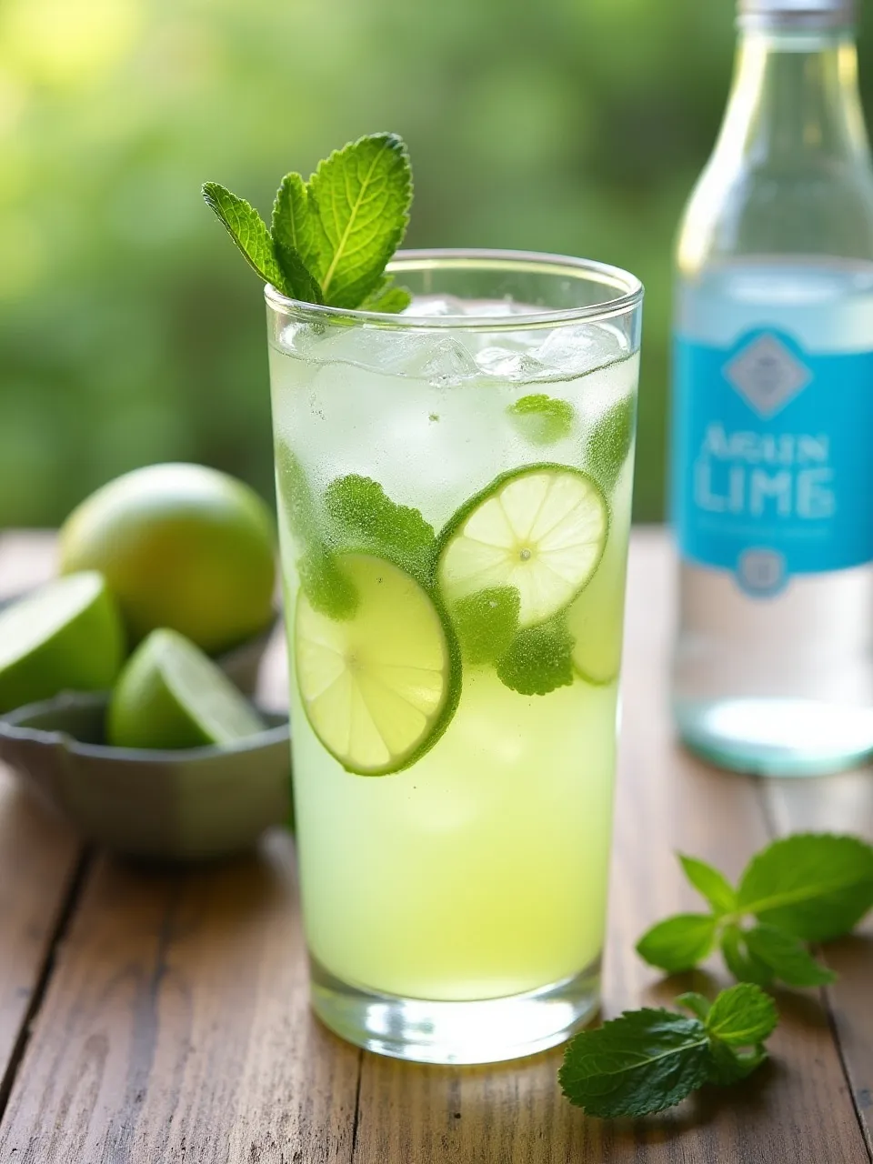 Mint lime sparkler in a glass with ice, garnished with lime slices and mint sprigs on a rustic wooden surface.