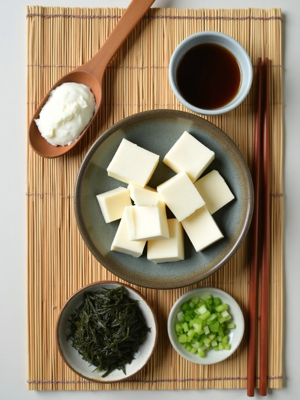 Top view of essential miso soup ingredients including miso paste, dashi broth, tofu, wakame seaweed, and green onions, arranged neatly on a bamboo mat.