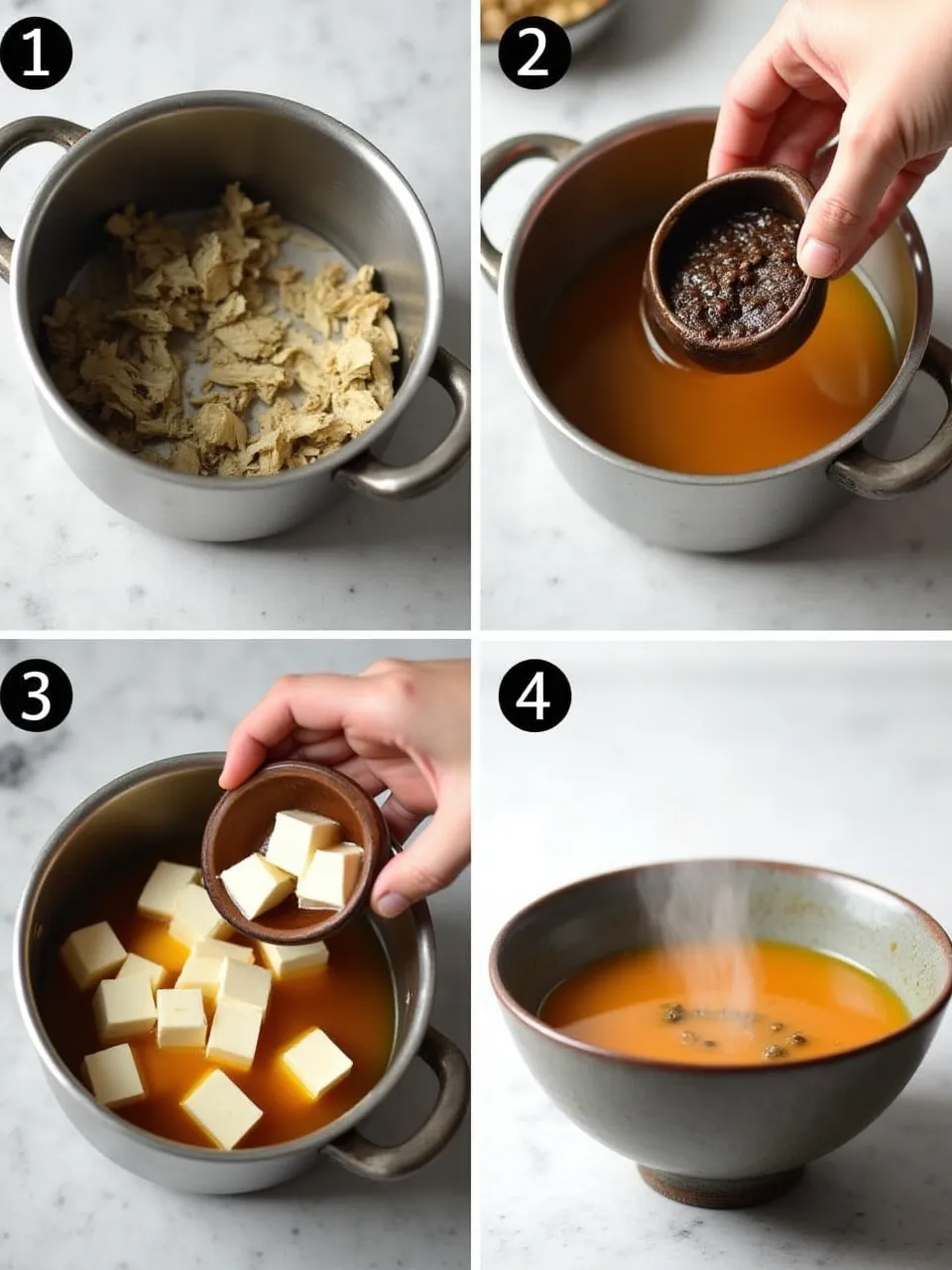 Step-by-step process of making miso soup, including dashi preparation, mixing miso paste, and adding tofu, shown in a clean kitchen setup.