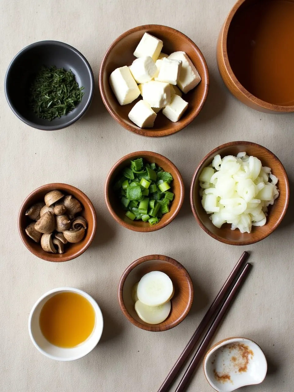 Classic miso soup ingredients including tofu, seaweed, green onions, mushrooms, and daikon arranged in bowls on a wooden surface.