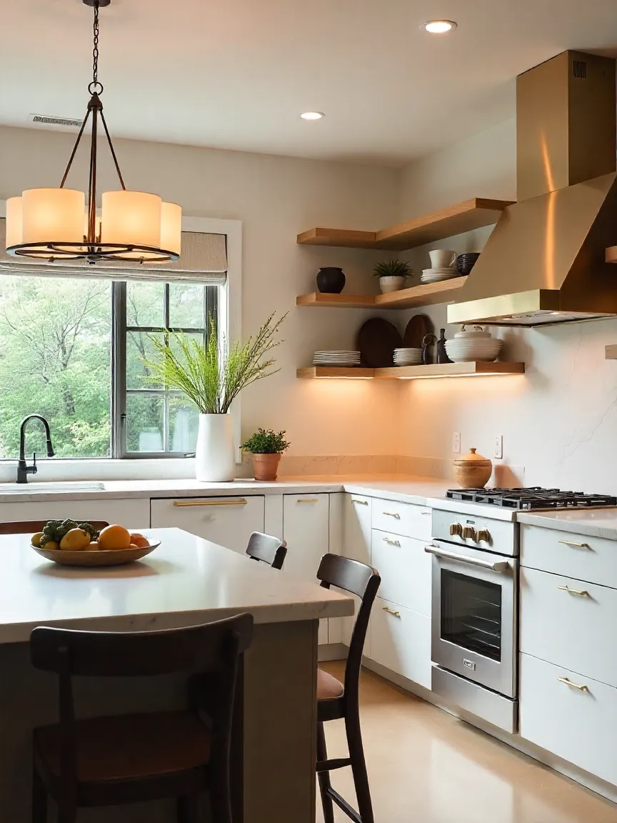 Kitchen with mixed lighting styles: chandelier, pendant lights, and sconces in different finishes for a unique layered design.