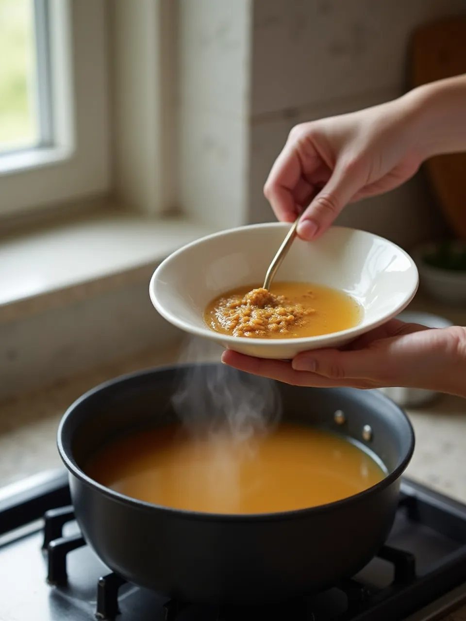 Miso paste being dissolved in warm broth in a small bowl above a pot of steaming soup on the stove.