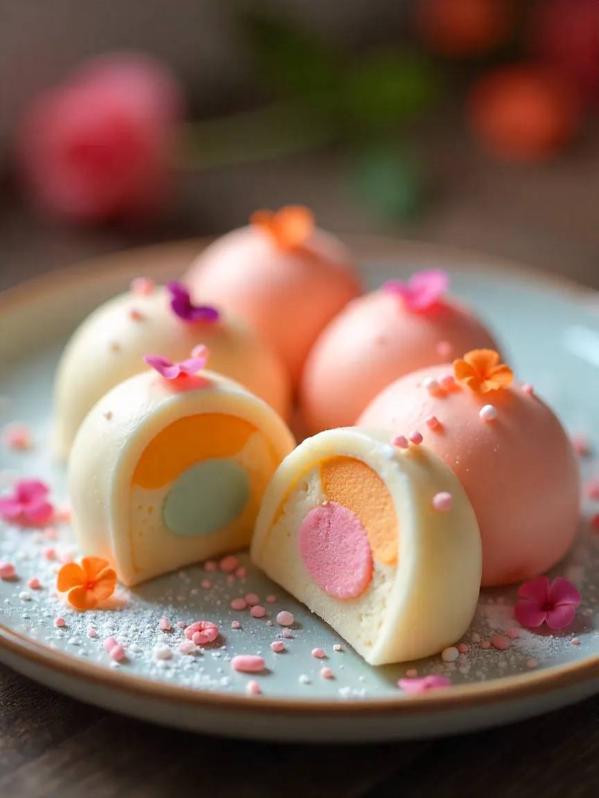 Close-up of colorful mochi ice cream balls with edible flower decoration on a modern plate.