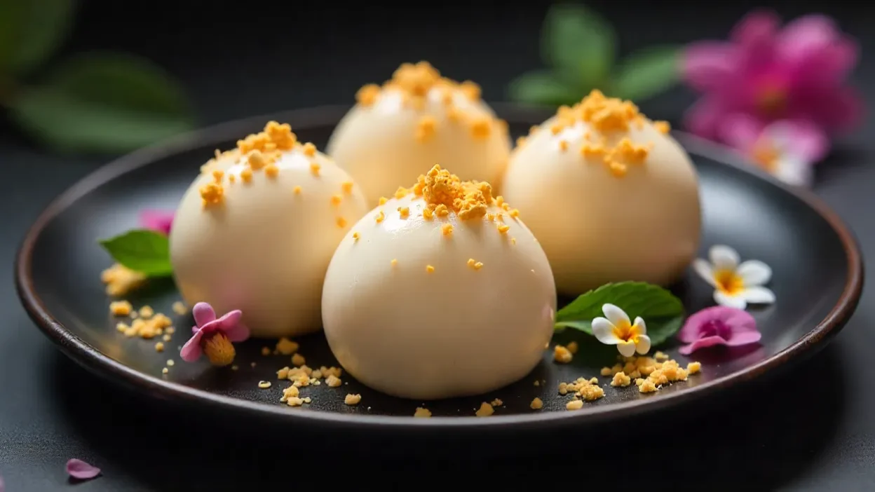 Elegant mochi ice cream balls decorated with edible gold flakes and flowers on a dark plate.