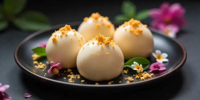 Elegant mochi ice cream balls decorated with edible gold flakes and flowers on a dark plate.