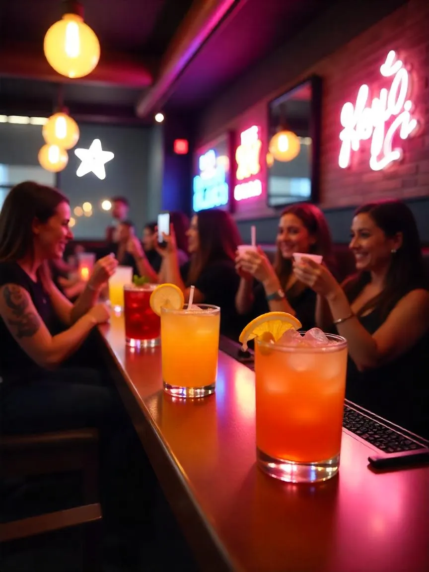 Modern cocktails with creative names served in a trendy bar setting, surrounded by neon signs and guests photographing drinks for social media.
