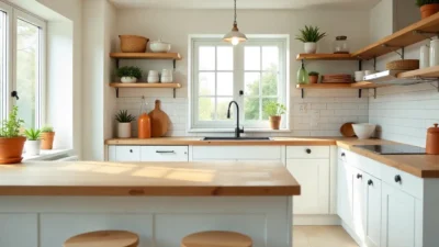 Modern kitchen with open shelving, subway tile backsplash, mason jar pendant lights, and rustic decor elements like copper pots and ceramic canisters.