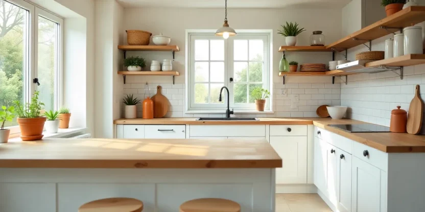 Modern kitchen with open shelving, subway tile backsplash, mason jar pendant lights, and rustic decor elements like copper pots and ceramic canisters.