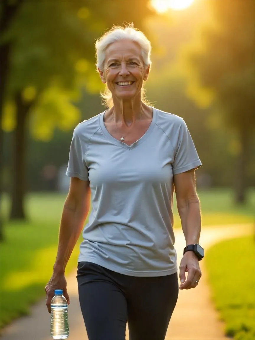 Person walking in a park showing health benefits from modest weight loss.