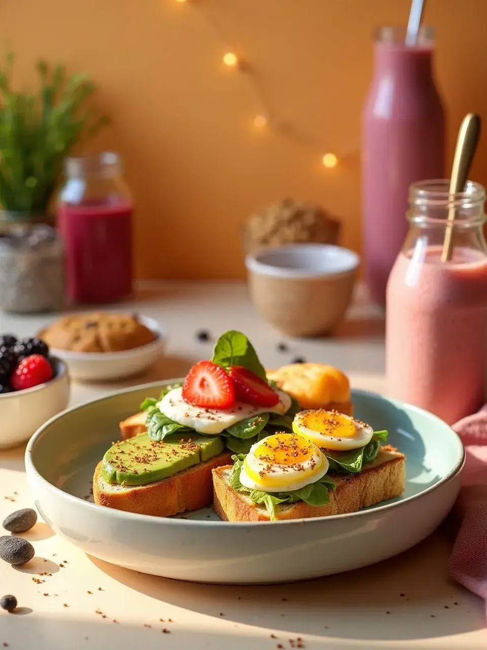 Quick and healthy breakfast spread with chia jars, energy bites, smoothie pouches, savory muffins, avocado toast, poached eggs, berry smoothie bowl, and a green wrap.