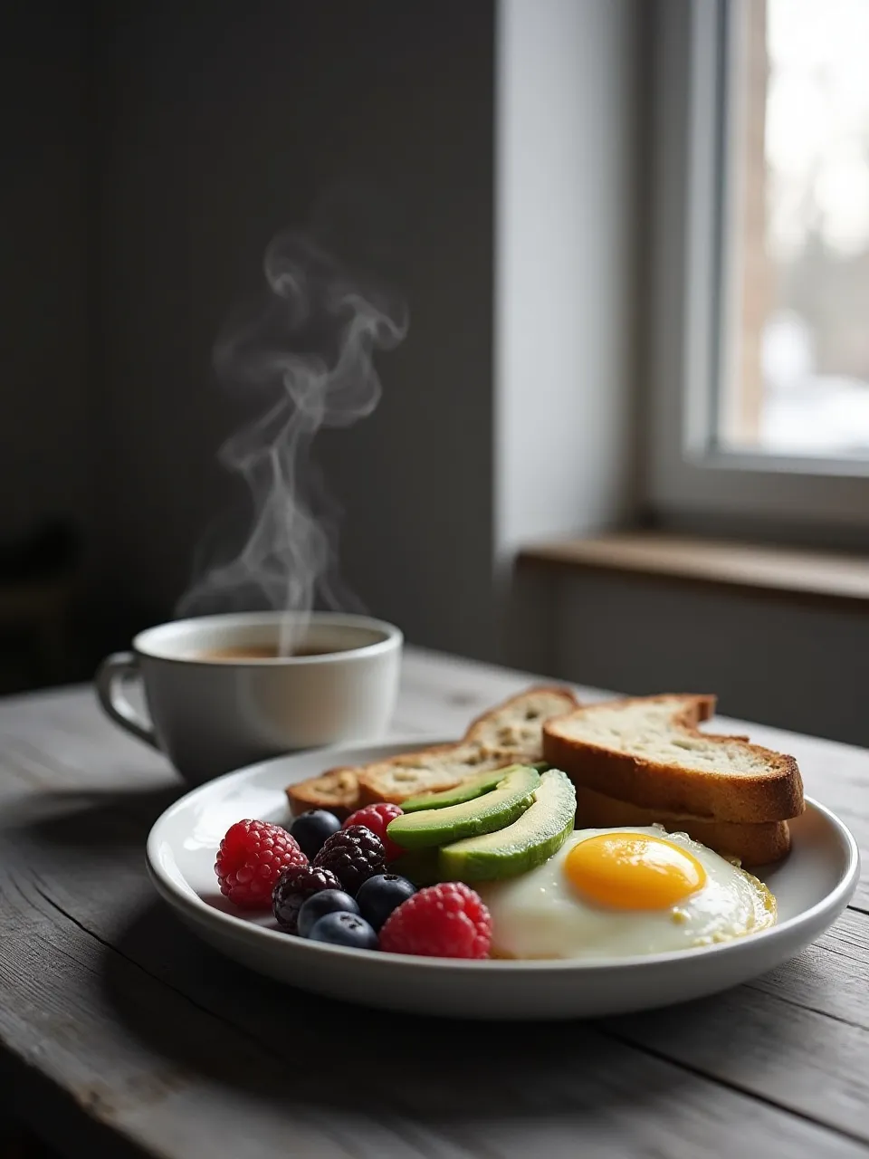 Balanced breakfast plate with eggs, avocado, berries, toast, and coffee on wooden table in morning light.