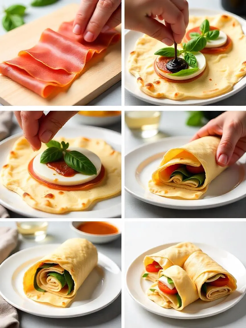 Collage showing the making of an Italian-style lavash wrap with prosciutto, mozzarella, basil, and balsamic glaze, served as a fresh, elegant snack or light lunch.