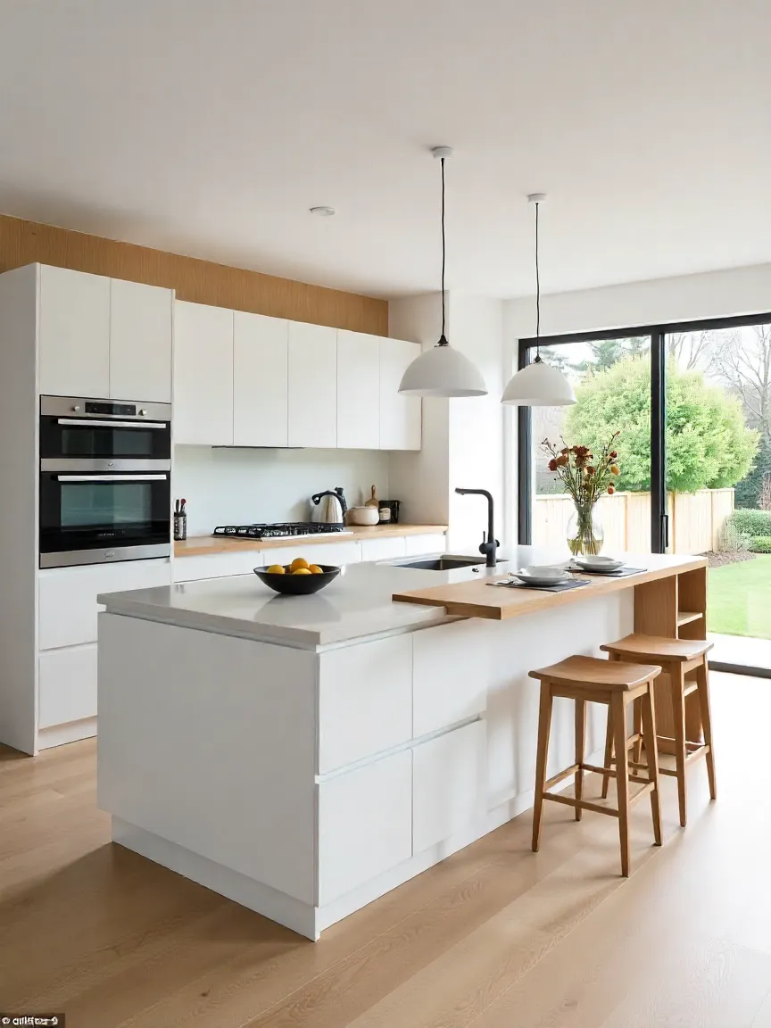 Modern kitchen with a multi-functional island featuring storage drawers, open shelving, and an integrated sink.