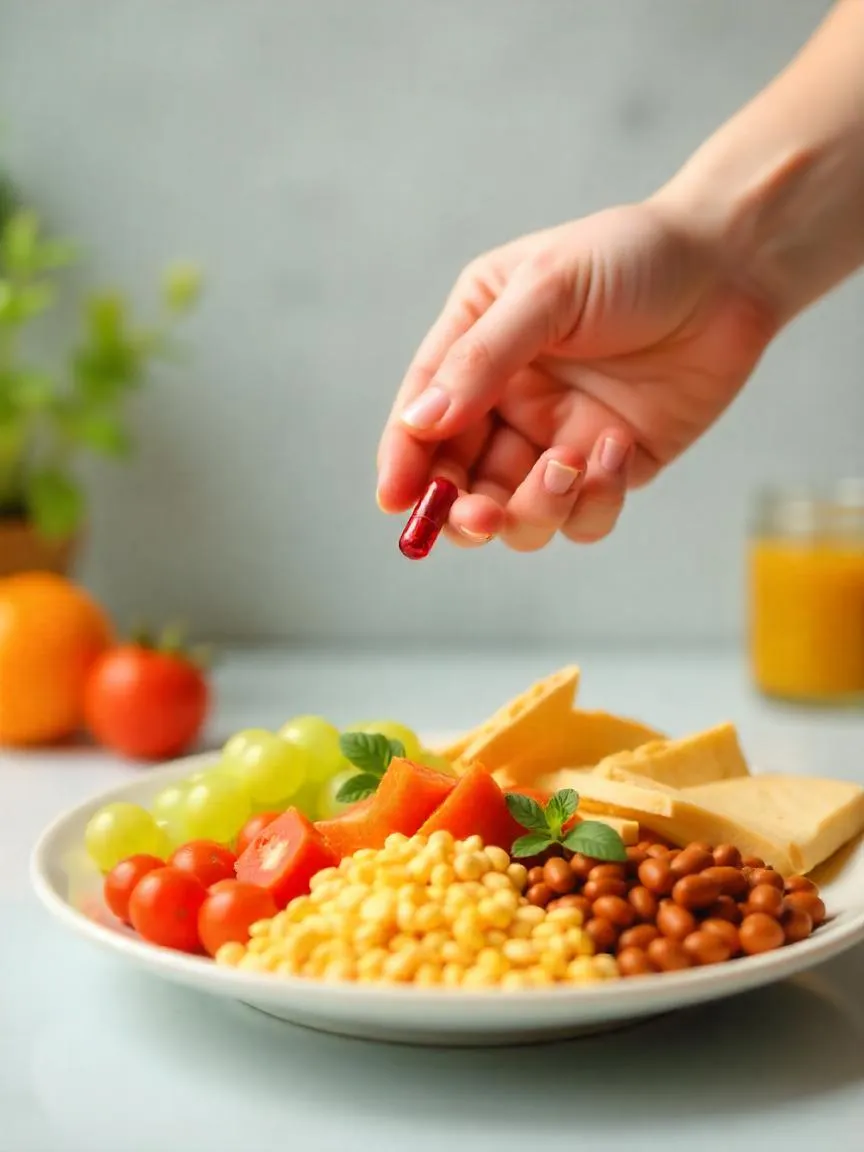 Hand holding a multivitamin above a plate of colorful healthy foods. 
