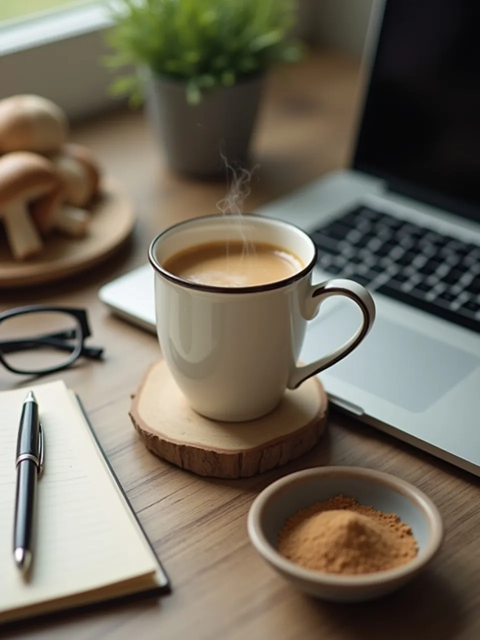 Mushroom coffee on a desk with a laptop and notebook, symbolizing steady energy and focus.