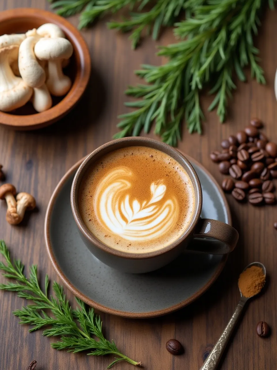Cup of mushroom coffee with medicinal mushrooms and coffee beans, highlighting health benefits.
