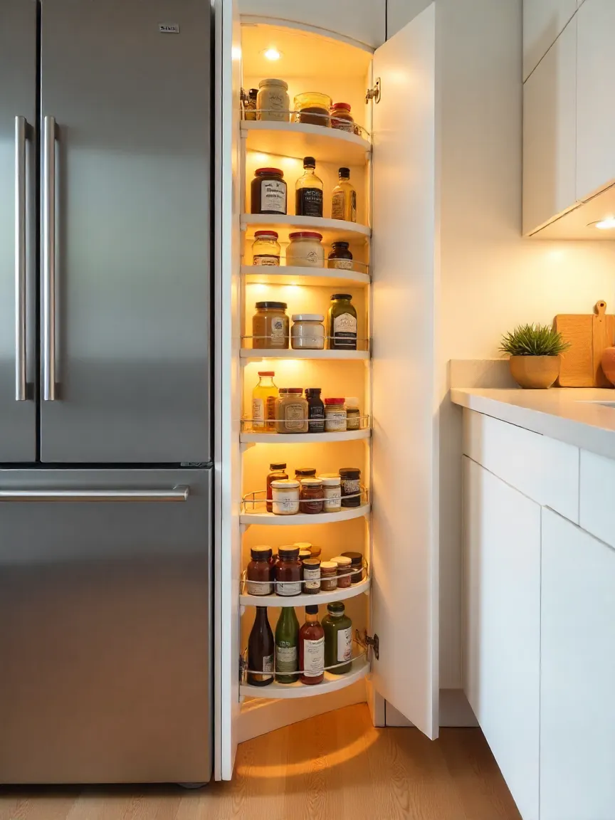 Pull-out pantry installed in a narrow vertical space between kitchen appliances for efficient storage.
