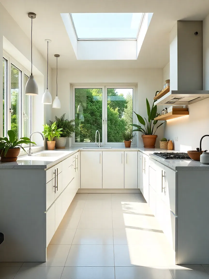Kitchen with large windows and skylight maximizing natural light, combined with bright finishes for an eco-friendly, open feel.