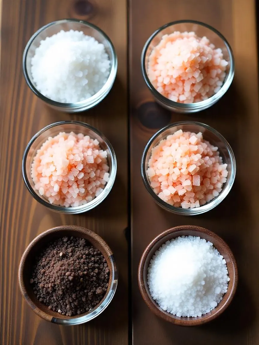 Various types of salt in small bowls, including table salt, pink Himalayan salt, sea salt, kosher salt, and black salt, highlighting their visual differences. 