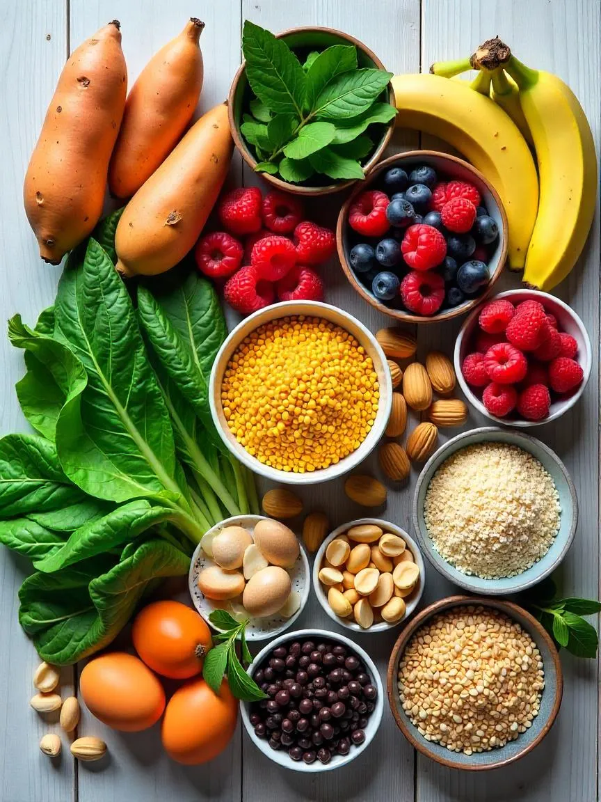 A variety of naturally gluten-free whole foods including vegetables, fruits, whole grains, nuts, and legumes arranged on a rustic surface.