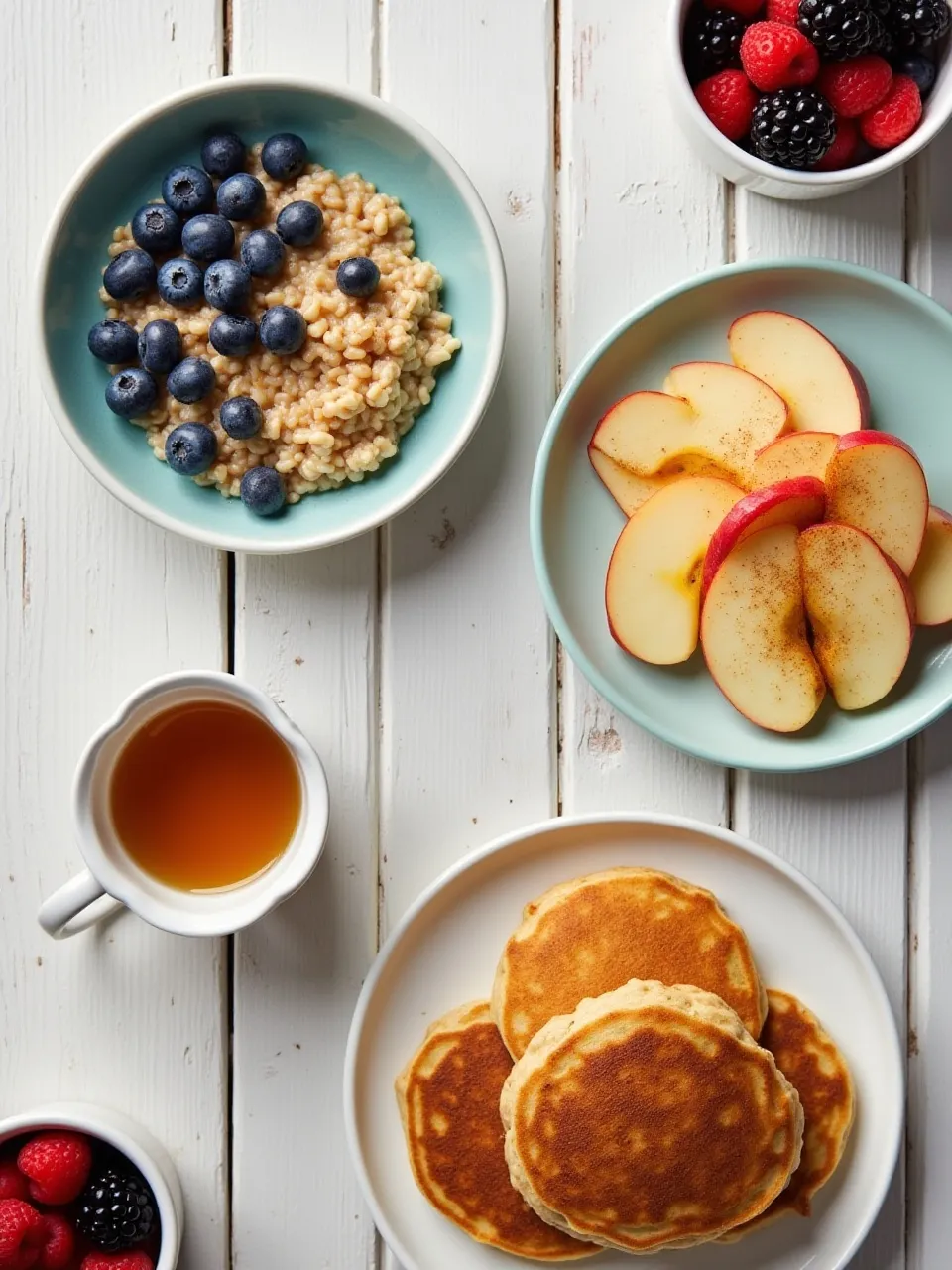 Naturally sweet breakfast ideas featuring oatmeal with berries and honey, cinnamon apples, maple syrup with pancakes, and fresh berries.