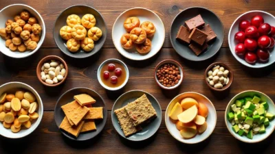 An overhead view of 10 different nut-based dishes displayed in bowls and on small plates, including sweet, savory, and crunchy snacks on a rustic wooden table.