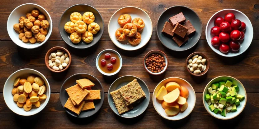 An overhead view of 10 different nut-based dishes displayed in bowls and on small plates, including sweet, savory, and crunchy snacks on a rustic wooden table.