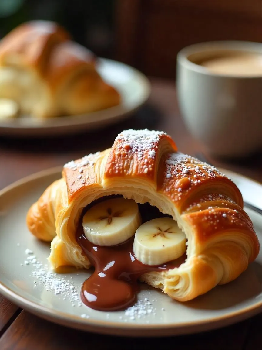 A Nutella and banana-filled croissant with chocolate and banana spilling out, dusted with powdered sugar and served with a latte.
