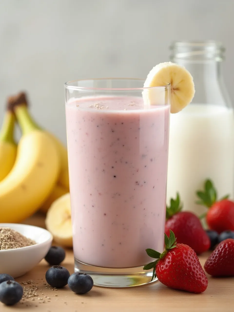 Nutritious milkshake with fresh fruit, yogurt, and protein powder displayed around the glass on a wooden surface.