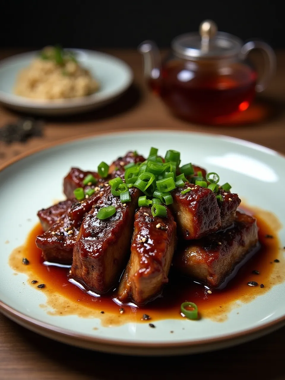 Tender oolong-braised short ribs served with glossy sauce, garnished with sesame seeds and green onions.