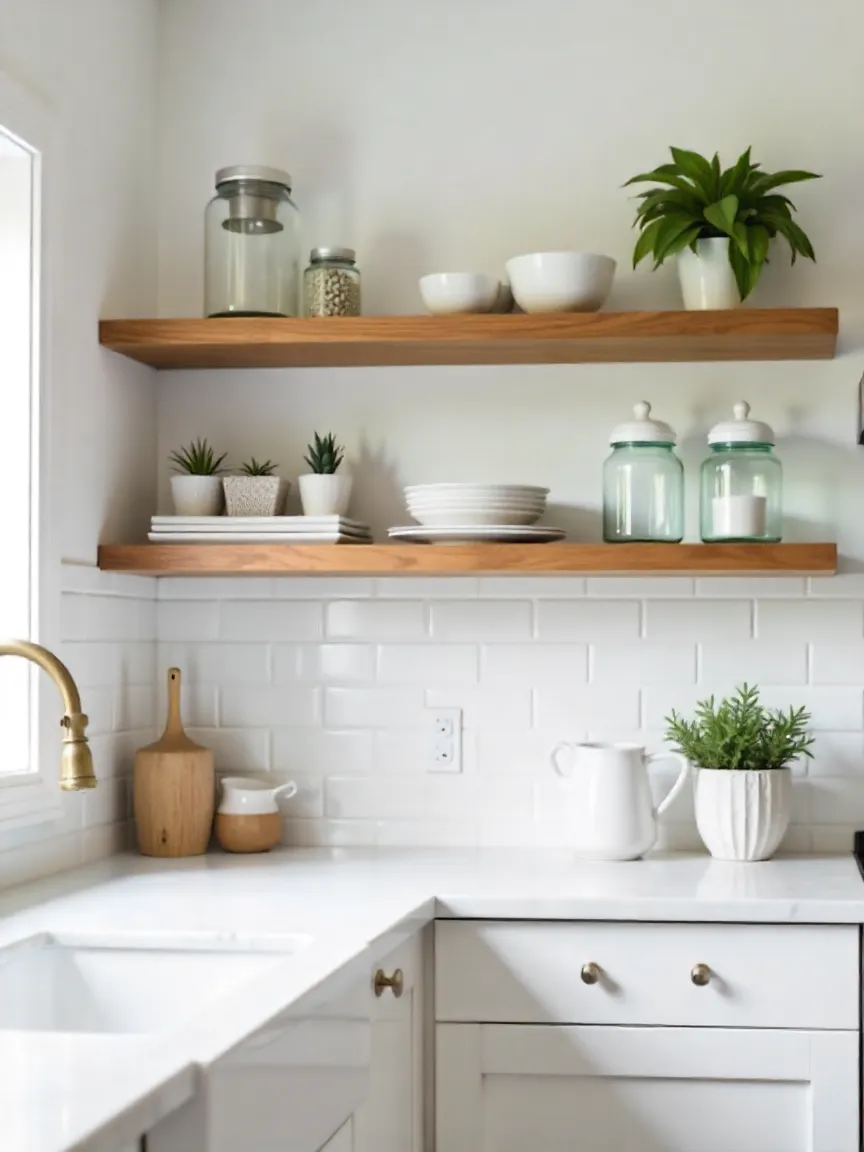 Kitchen with open wooden shelves on white subway tile backsplash, decorated with dishes, jars, and greenery for a modern rustic look.