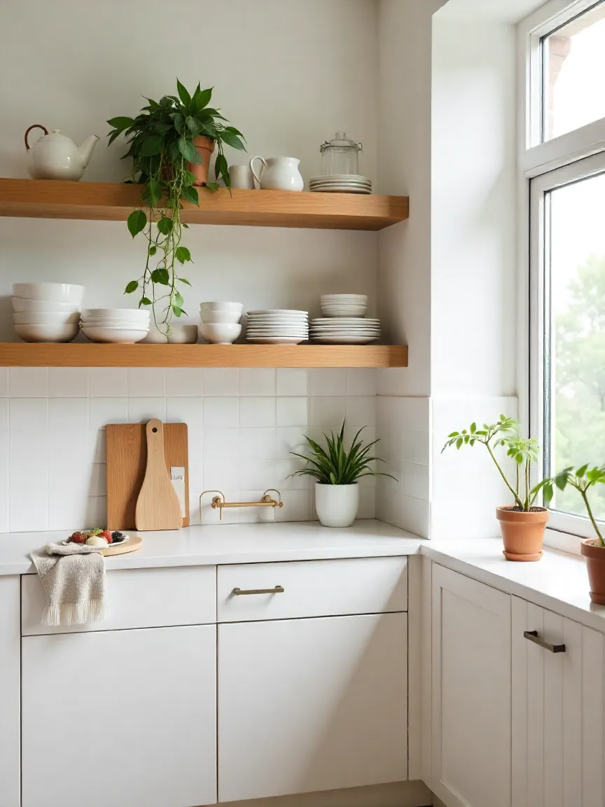 Modern kitchen with open shelving featuring dishes, jars, and plants for a light, functional, and stylish design.