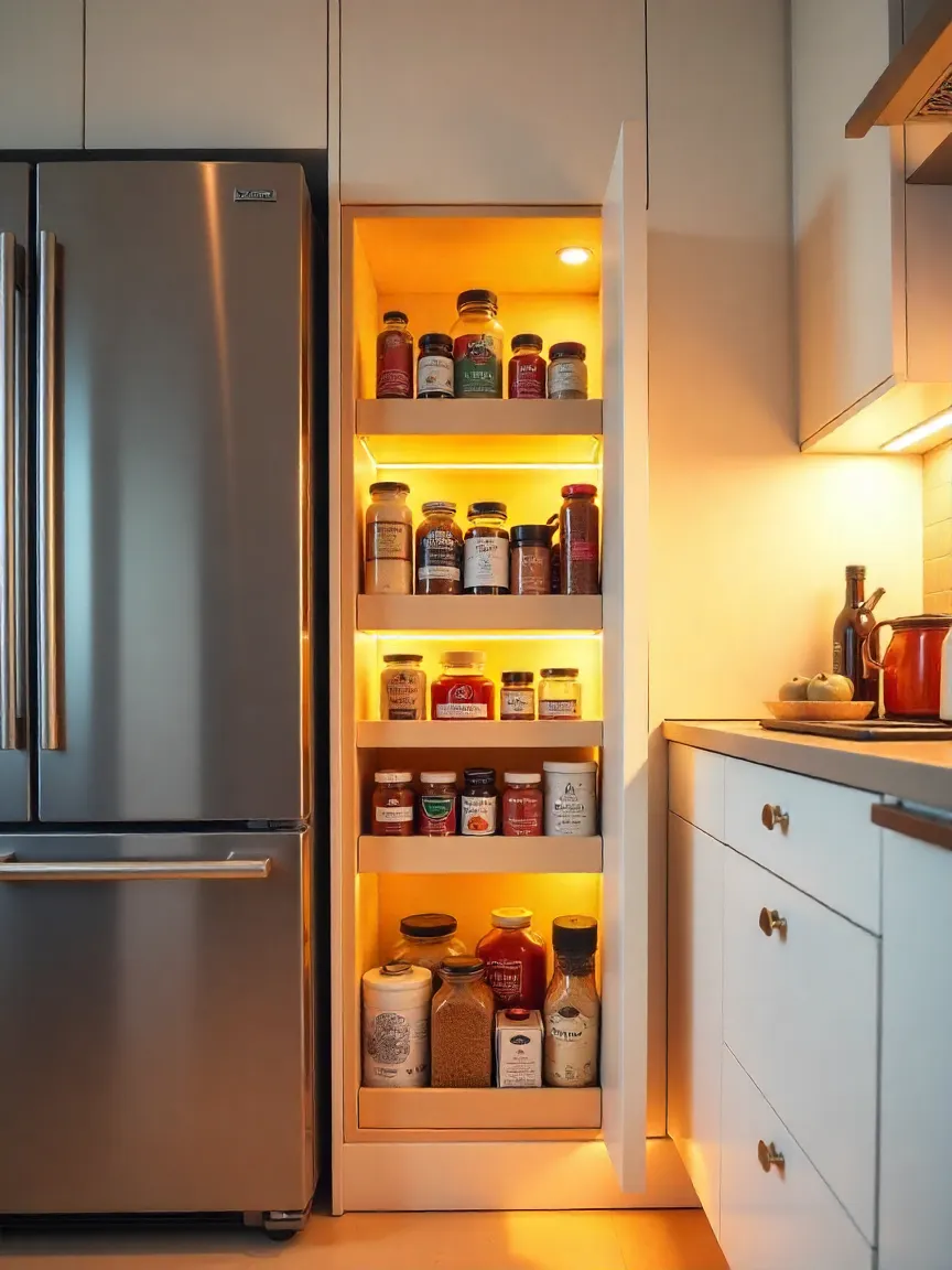 Slim pull-out pantry installed between appliances for smart vertical kitchen storage.