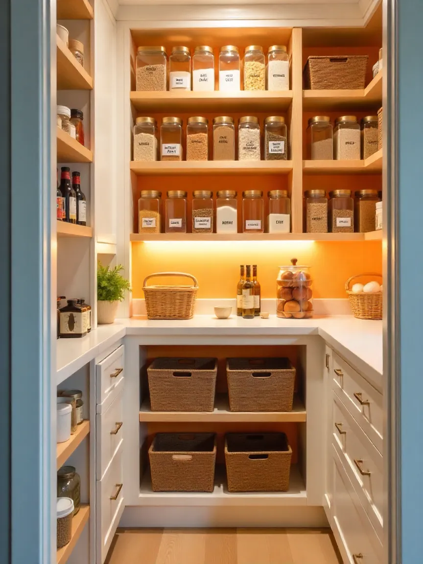 Well-organized pantry with labeled containers, door spice racks, and pull-out baskets for maximum storage efficiency.