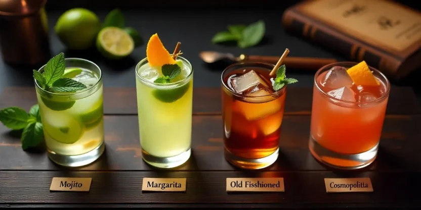 A flat lay of iconic cocktails with labeled tags — Mojito, Margarita, Old Fashioned, Cosmopolitan — surrounded by fresh ingredients and vintage bar tools.
