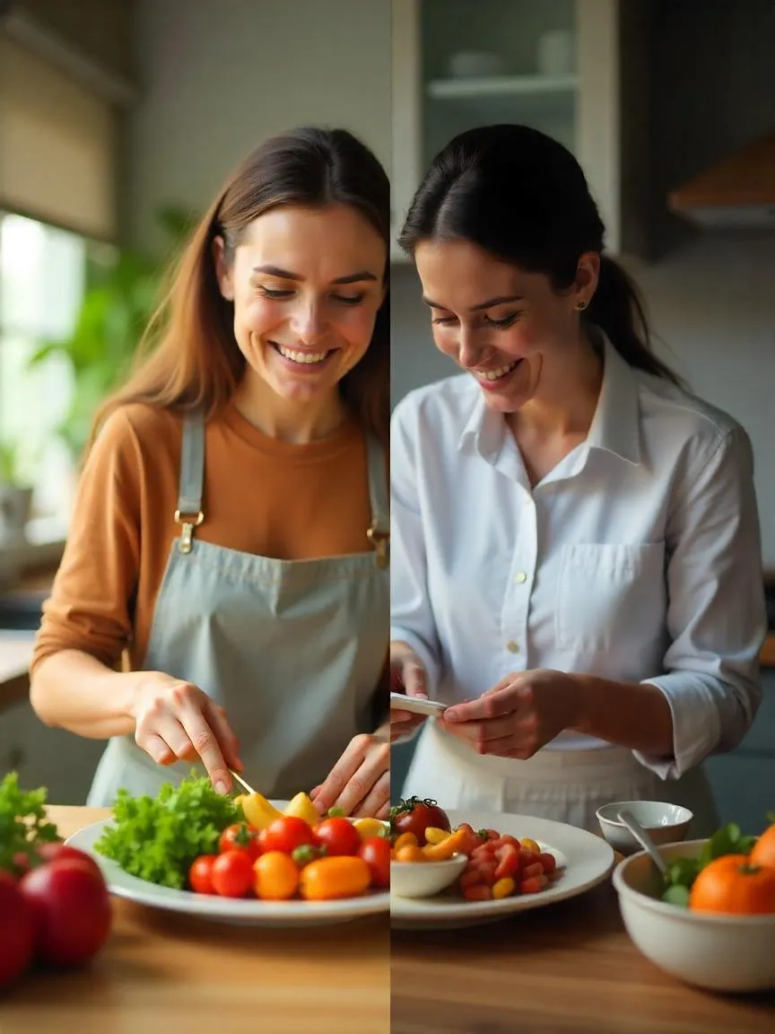 Split image of a person preparing food joyfully on one side and anxiously tracking nutrition on the other, illustrating the contrast between healthy eating and orthorexia.