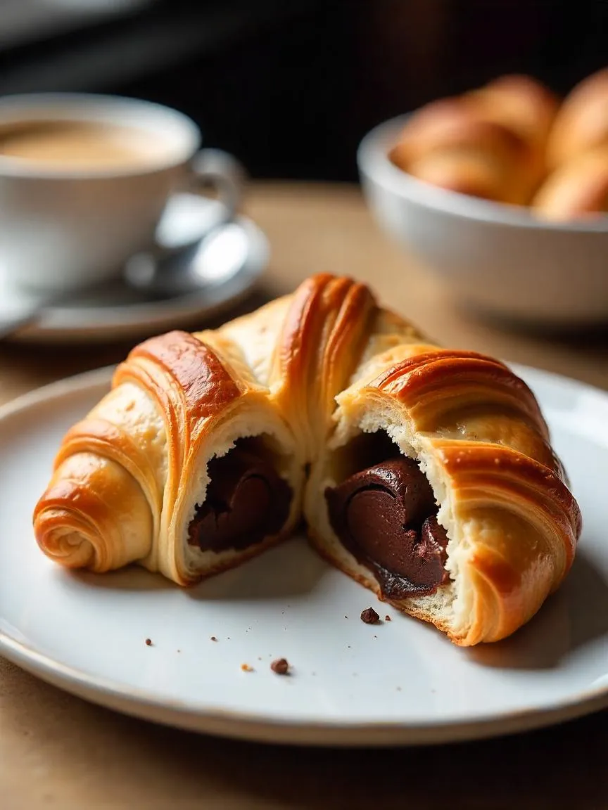 A golden pain au chocolat croissant with melted chocolate inside, served with espresso in a chic French café-style setting.