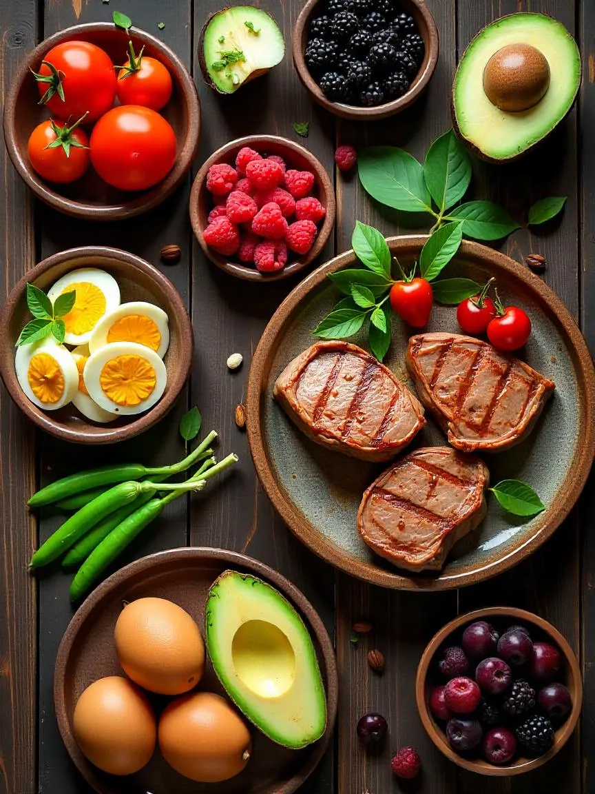 Rustic flat lay of Paleo diet foods including meat, eggs, vegetables, berries, and nuts on a wooden table with a sign labeled “Paleo Diet.”