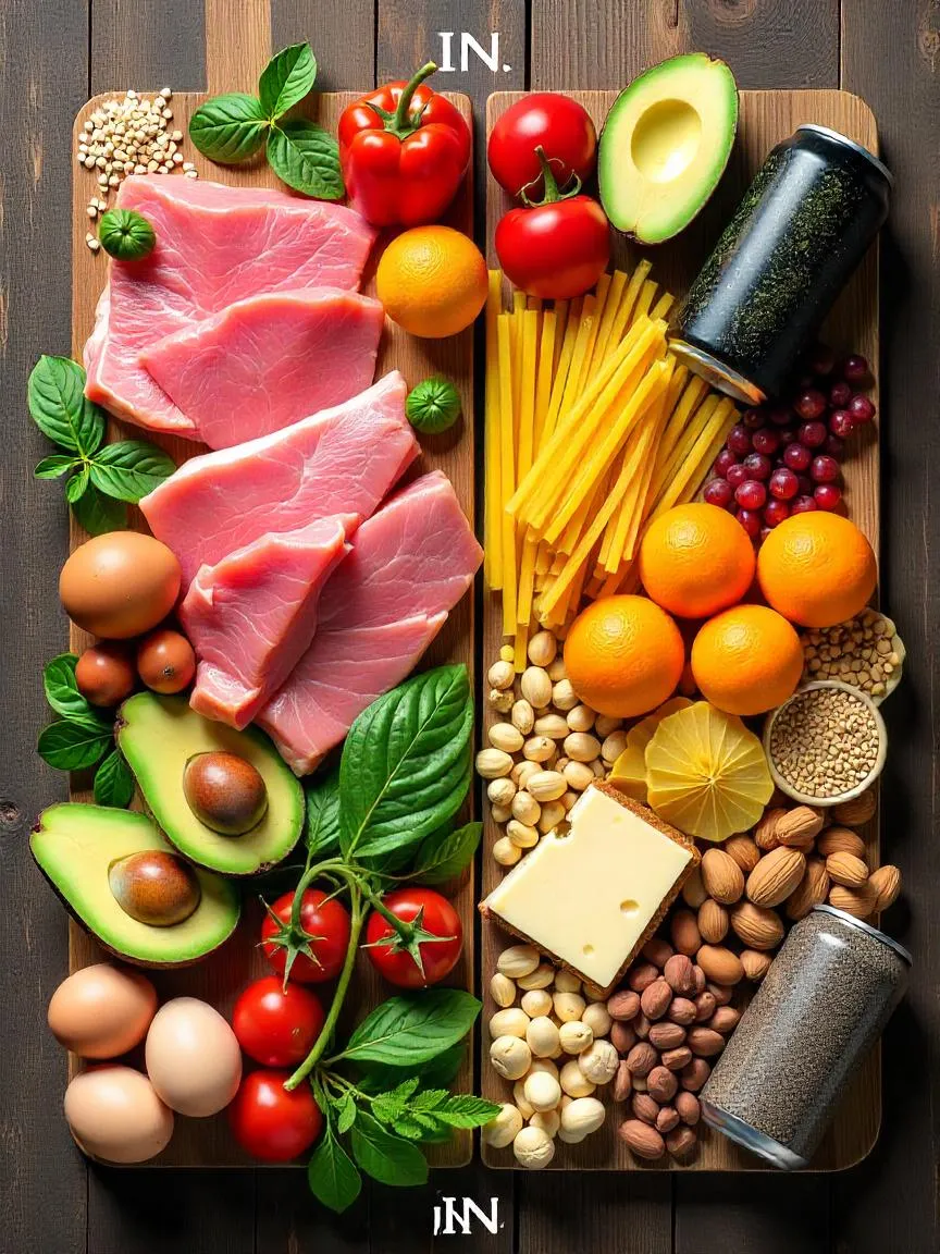 Flat lay showing Paleo diet-friendly foods like meats and veggies contrasted with restricted items like grains, legumes, dairy, and processed snacks