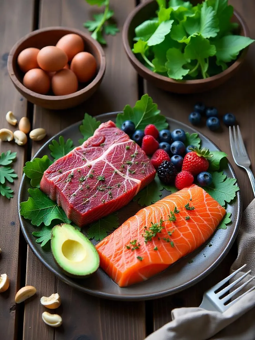 Flat-lay of Paleo diet foods including raw steak, salmon, berries, nuts, greens, and eggs on a wooden table in a natural, rustic setting