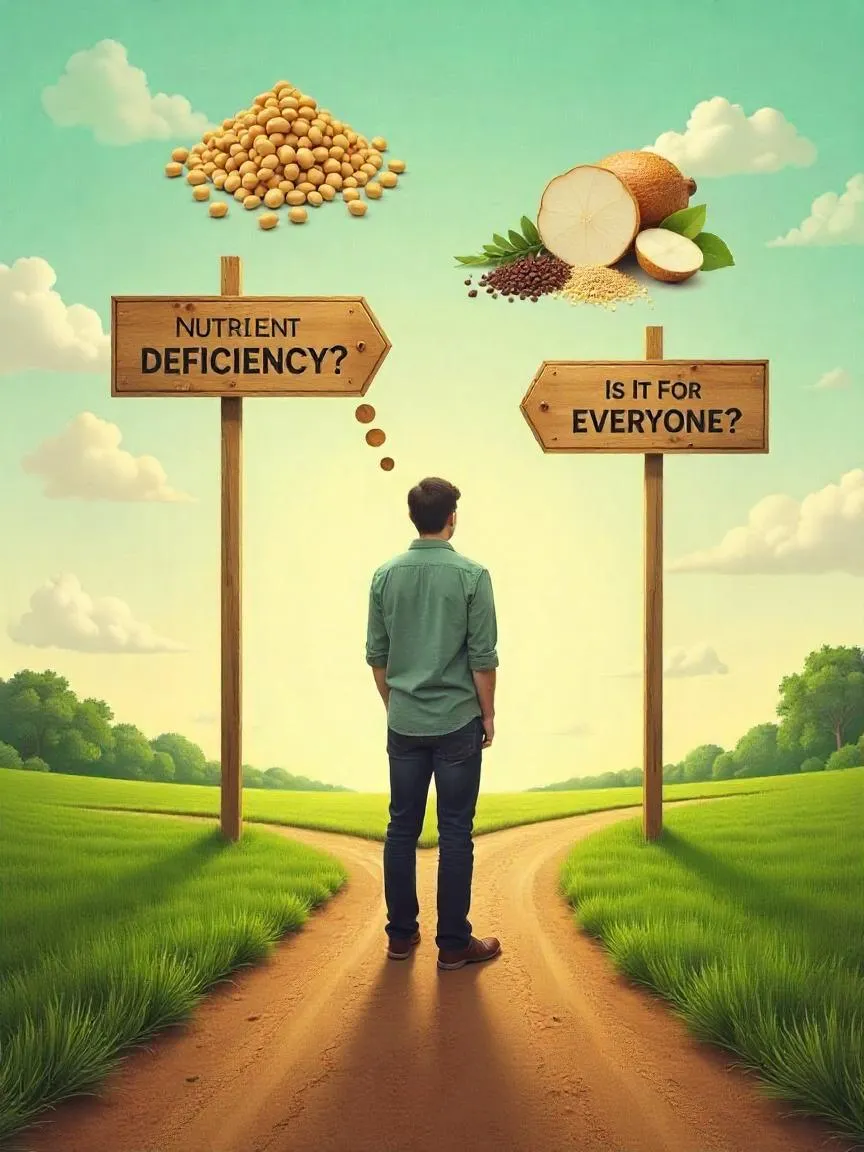 Person pondering long-term effects and unanswered questions about the Paleo diet, with missing food groups and uncertain health paths.