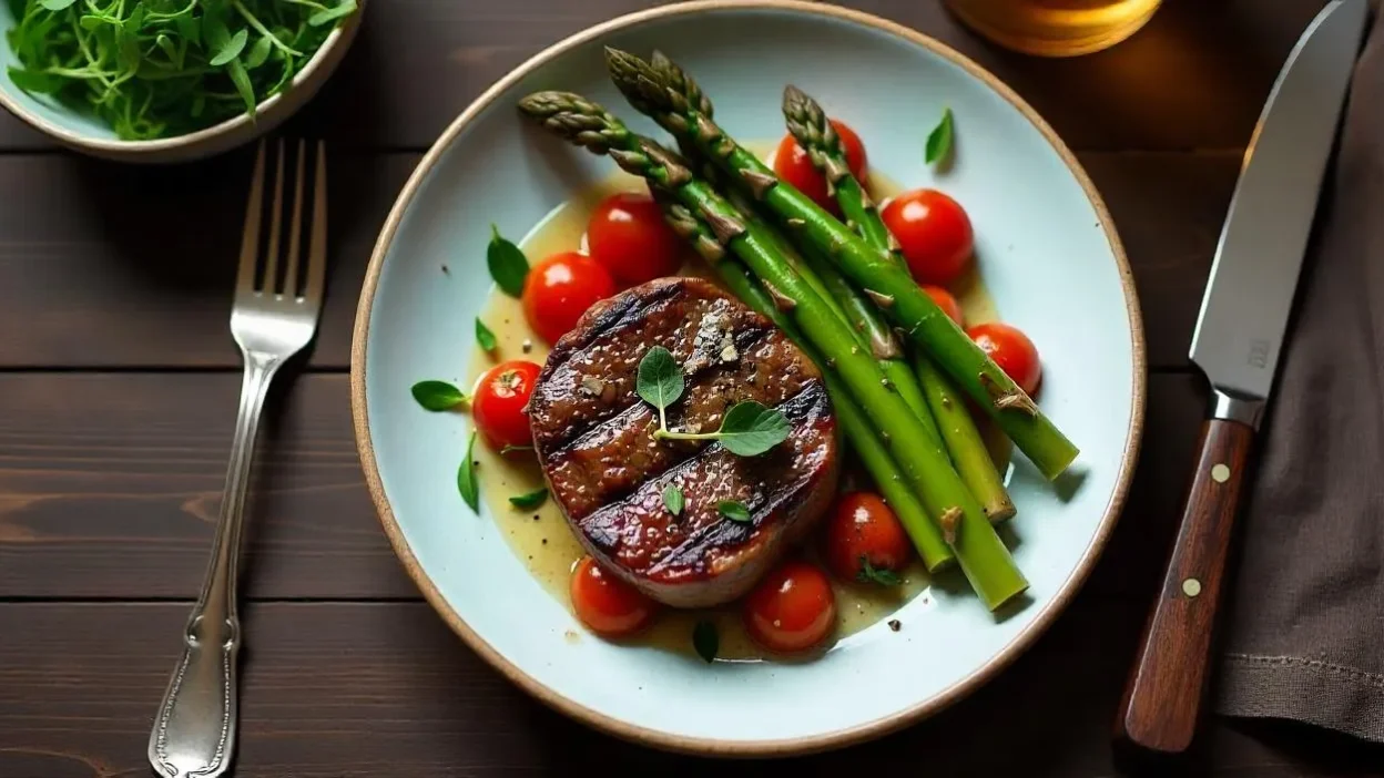 Grilled steak with roasted asparagus, cherry tomatoes, and microgreens arranged on a wooden table in a rustic, Paleo-inspired presentation.
