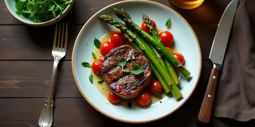 Grilled steak with roasted asparagus, cherry tomatoes, and microgreens arranged on a wooden table in a rustic, Paleo-inspired presentation.