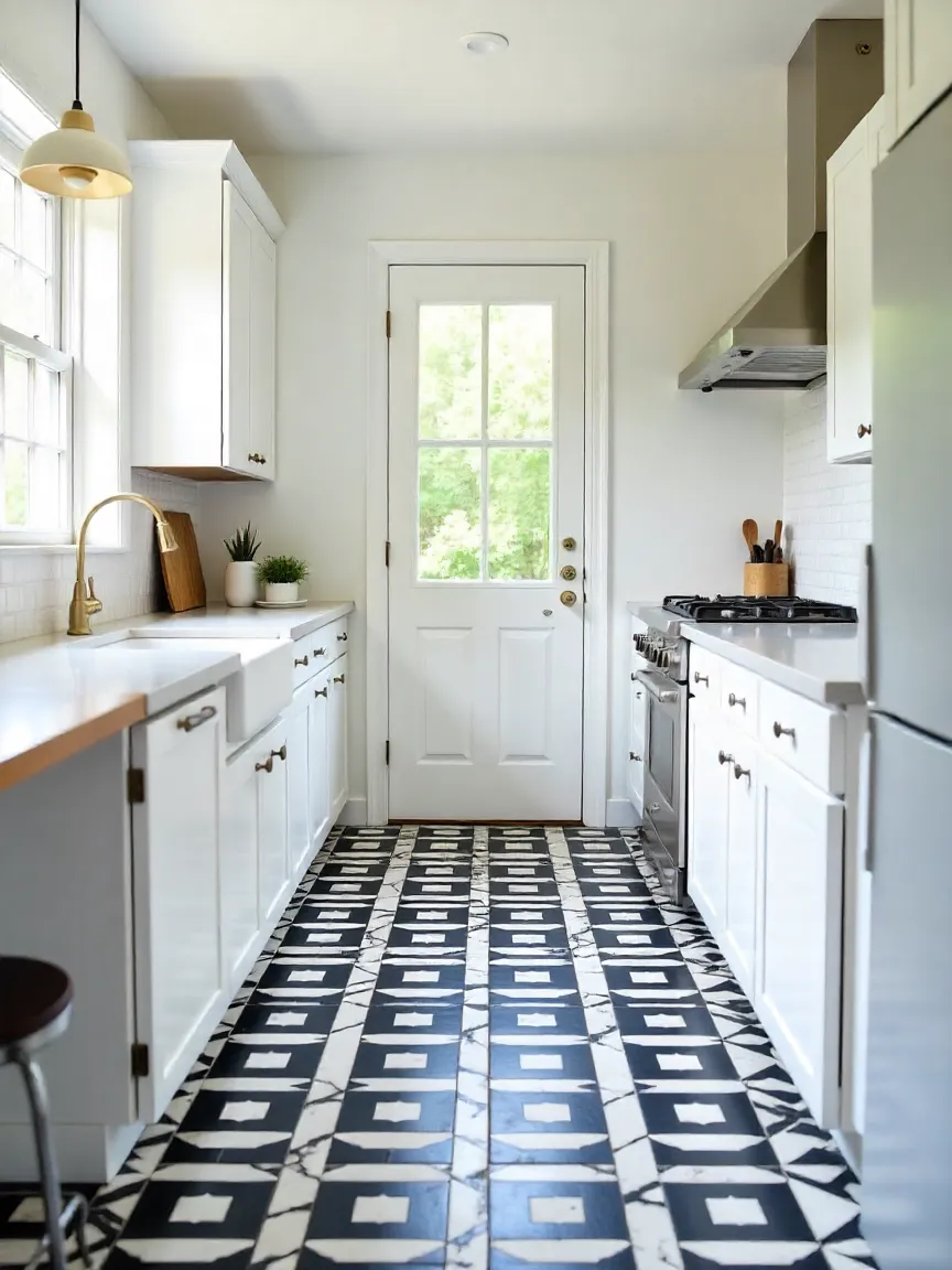 Kitchen with black-and-white patterned floor tiles, white cabinets, butcher block island, and subway tile backsplash for a bold, stylish look.